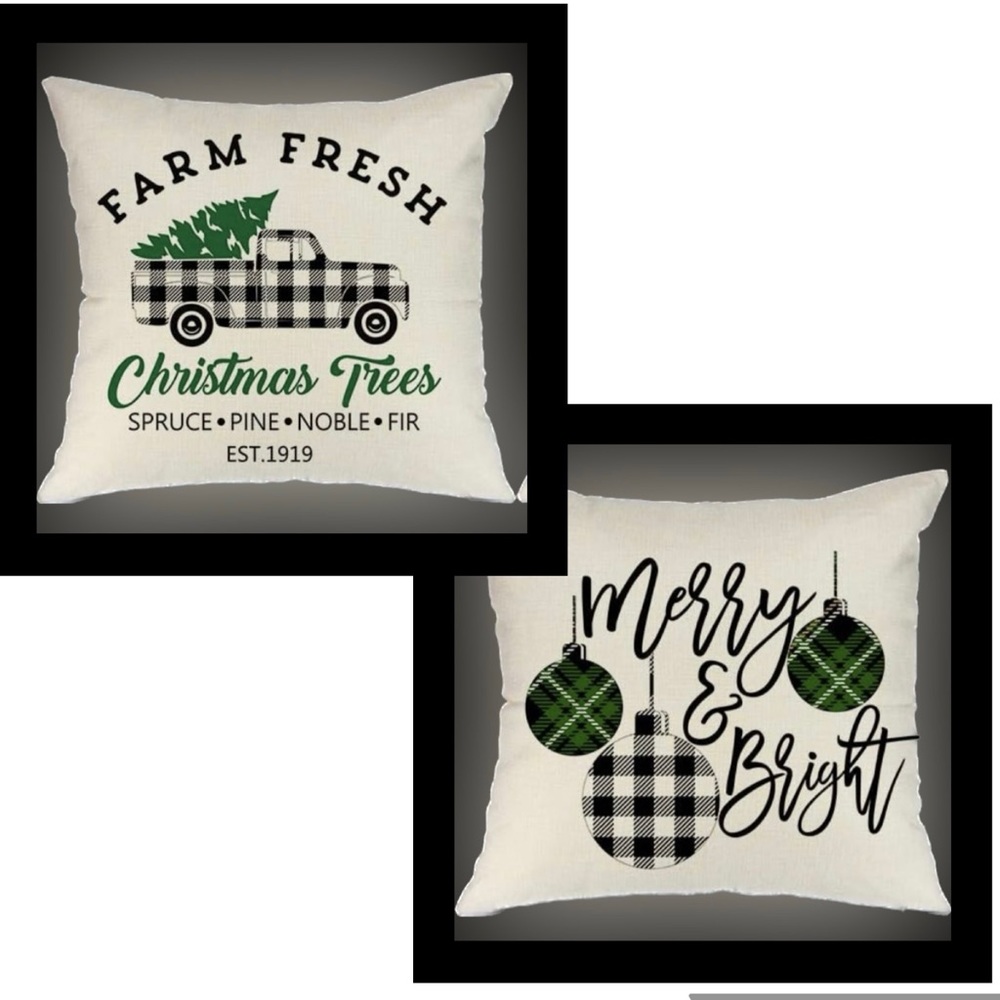 Christmas Linen Farmhouse Pillow Covers Green Black Ivory Plaid - Set of 2